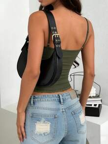 INAWLY Women's Solid Color Lace Ruffle Fitted Camisole, Versatile For Daily Wear - Army Green - View 2