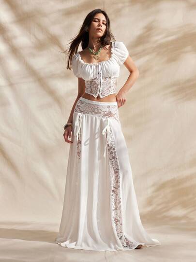 Easelle Vintage Bohemian Low-Waist Lace Patchwork A-Line Loose Comfortable Soft Women Skirt