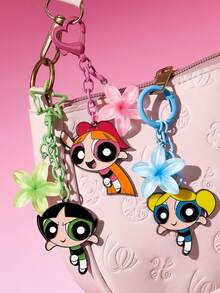THE POWERPUFF GIRLS X SHEIN 3件套时尚可爱锌合金钥匙扣包挂件，花朵、泡泡和毛茛花图案，甜美可爱的花卉装饰 - 混色 - 查看 5