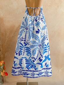Soleia Plus Size White Print Spaghetti Strap Backless Maxi Dress, Suitable For Beach Holiday Vacation, Music Festival, Summer Ladies Dresses,Music Festival, Outfits, Clothing,Festival Outfits For Women ,Beach Outfit For Women,Holiday Outfits For Women , Boho - Blue and White - View 4