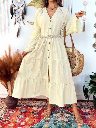 Hansera Vacation Casual Solid Color Front Button Layered Dress