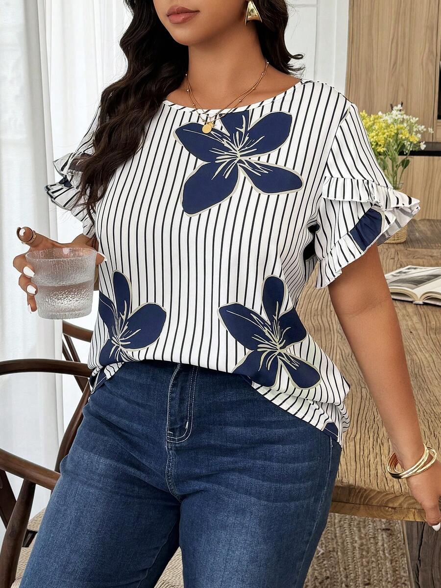 Weeklong Plus Size Women's Casual Floral Puff Sleeve Striped Printed Vacation Shirt, Spring/Summer - Multicolor - View 1