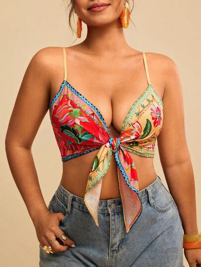 Travachic Plus Size Women Floral Print Tie Front Cropped Camisole