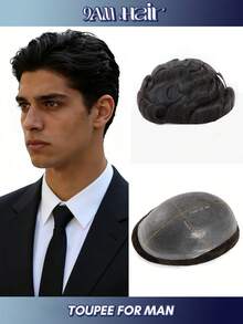 Men's Exclusive 15cm Real Human Hair Toupee Replacement System, An Economical Men's Wig. The 8x10 Inch PU Scalp Base Can Be Trimmed And Perfectly Fits Various Occasions. - S1 - View 1