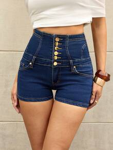 Selenza Pantalones cortos de mezclilla de cintura alta, ajustados, levantadores y adelgazantes, con cintura elástica y sexy para mujeres - Azul lavado oscuro - Ver 7