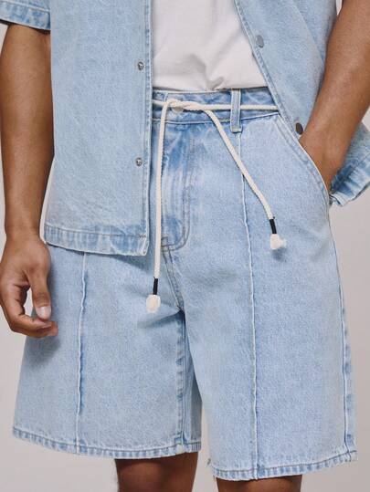 Musero Long Line Denim Shorts Washed Button Fastening Centre Seam Pleat Details Rope Belt Jort Style Spring Summer Holiday Essentials