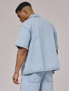 Musero Oversized Washed Short Sleeve Jean Style Jacket Revere Collar Button Through Front Pocket Denim Shirt Top Spring Summer Holiday Essentials - Light Wash - View 4