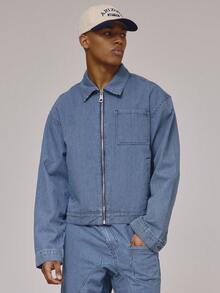 Musero Cropped Boxy Long Sleeve Dropped Shoulder Zip Through Collared Lightweight Denim Pin Stripe Jacket Front Pocket Detailing Co Ord Jack Only Spring Summer Essentials - Medium Wash - View 1