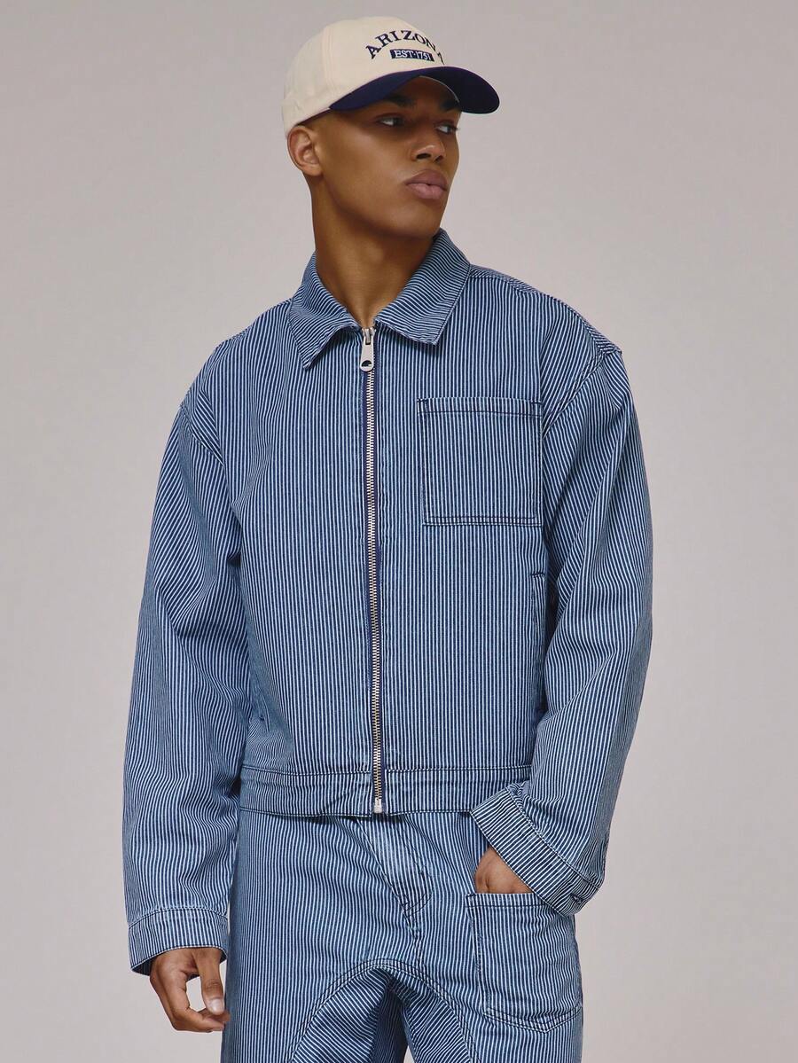 Musero Cropped Boxy Long Sleeve Dropped Shoulder Zip Through Collared Lightweight Denim Pin Stripe Jacket Front Pocket Detailing Co Ord Jack Only Spring Summer Essentials - Medium Wash - View 1
