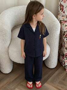 Dazy Kids Tween GirlsShort Sleeve, Checkered Print & Embroidery Pattern, Home/Loungewear Sets, Spring/Summer - Navy Blue - View 4