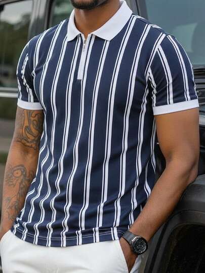 Manfinity Bizformal Men's Striped Polo Shirt With Collar, Suitable For Outings, Office Wear