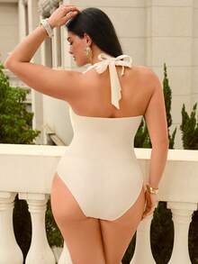 Swim Chiccia New Elegant Plus Size One-Piece Swimsuit, Draped Neck Design, Suitable For Summer Beach Vacation - White - View 3
