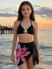 SHEIN Teen Girls 3 Pcs Swimwear Tank Top & Shorts Set, Vacation Beach Style - Black and White - View 1