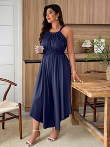 Weeklong Plus Size Women's Spring/Summer Sleeveless Elastic Waist Asymmetrical Hem Straight Pants, Waist Belt Decor, Suitable For Daily Wear Wedding Guest - Navy Blue - View 4