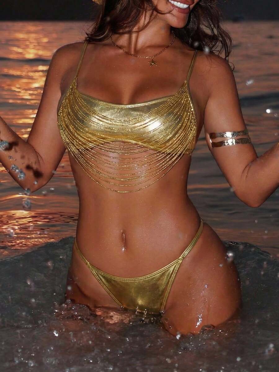 Swim SXY 女士性感流苏反光面料系带露背泳衣套装，欧美拉丁风 - 彩色 - 查看 1