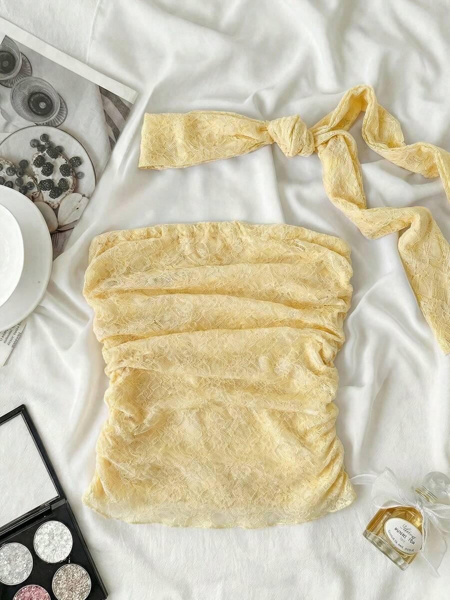 SHEIN 少女配套围脖、抹胸上衣、褶皱腰身、黄色蕾丝无肩带上衣,可爱抹胸上衣,褶皱抹胸上衣,黄色抹胸上衣 - 黃色 - 查看 1