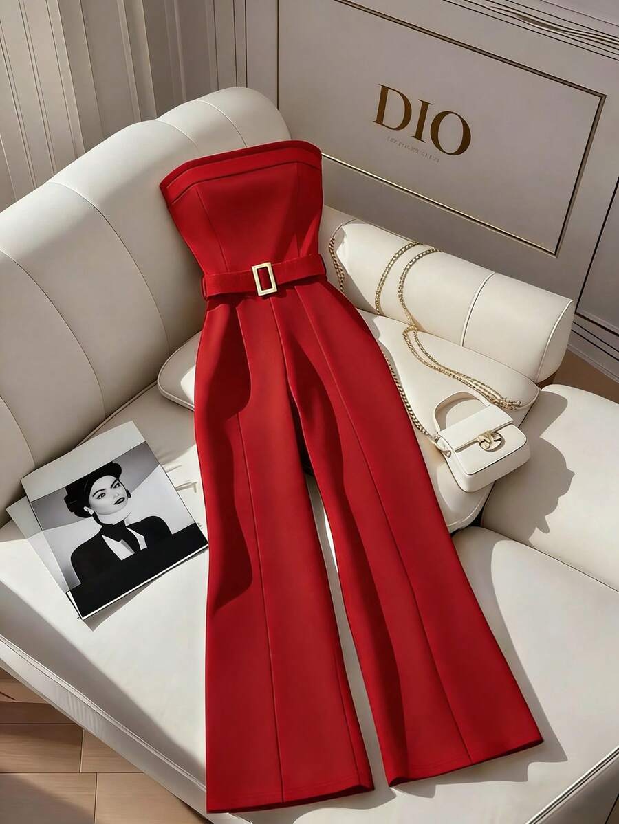 Franclia 女士新款无肩带撞色饰边金属扣腰阔腿连体裤 - 紅色 - 查看 1