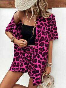 Breezaya Conjunto de 2 piezas de camisa y pantalones cortos impresos casuales para mujer - Rosa Fucsia - Ver 5