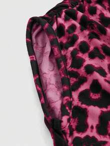 ROMWE Grunge Punk Y2K Shibuya Girl Chic Leopard Print Bodycon Asymmetric Ruched Women T-Shirt - Hot Pink - View 4