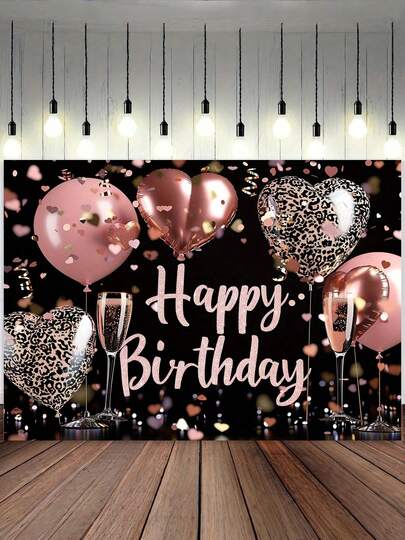 Sfondo per festa di compleanno rosa oro, adatto per feste di compleanno di donne. Palloncini a forma di cuore con stampa leopardata, decorazioni con coriandoli color champagne e oro rosa, sfondo fotografico, accessori fotografici, decorazioni per interni ed esterni.