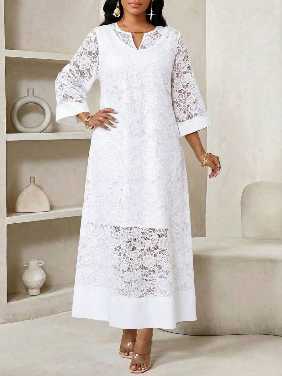 SHEIN Lady Đầm dự tiệc thanh lịch dành cho nữ, tay lỡ 3/4, cổ chữ V. - trắng - Xem 1