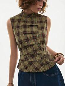 Poéselle 格子印花褶皱领无袖休闲上衣，夏季 - 咖啡棕 - 查看 5