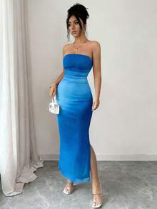 Rafferiza Women's Elegant Ruched Tie Dye Mesh Print Cinched Waist Strapless Party Split Dress - Blue - View 5