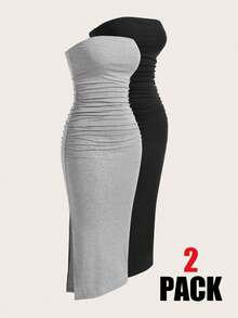 SHEIN PETITE Two Pieces Set Knitted Split Strapless Dress,Summer Dresses For Women - Grey - View 1