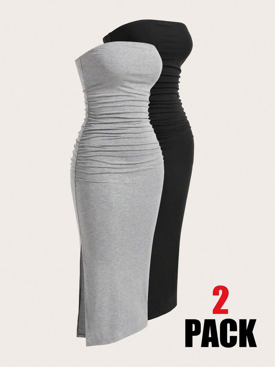 SHEIN PETITE Two Pieces Set Knitted Split Strapless Dress,Summer Dresses For Women - Grey - View 1