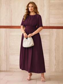 Roveilla Zanzea Plus Size Summer Burgundy Winter Elegant Wedding Maxi Dress,French Round Neck Chiffon Gathered Waist Layered Ruffle Hem Long Dress - Red Violet - View 5