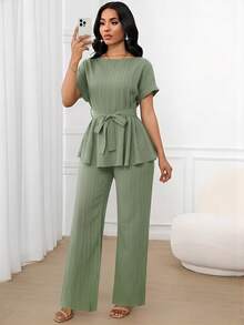 SHEIN Lady 女士纯色休闲优雅通勤提花面料两件套，宽松腰身A字下摆，短袖上衣搭配宽松直筒裤，适合春、夏、秋季穿着，可作度假装、女士办公室装、返校装、教堂装、外出装、机场通勤装等。 - 薄荷綠 - 查看 7