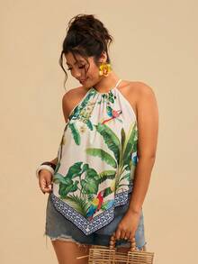 Travachic Women's Spaghetti Strap Sleeveless Loose Parrot & Tropical Plant Print Scarf Summer Tops,Multicolor Boho Beach Holiday Outfits Casual Tank Blouses - Multicolor - View 6