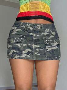 StreetHx Fashionable Casual Street Style Patch Pocket Rivet Camouflage Low-Waist Denim Mini Skirt - Army Green - View 11
