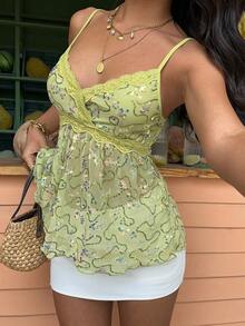 FleurLily Plus Size Women Summer Fashion Elegant Lace Patchwork Beaded Camisole - Green - View 4