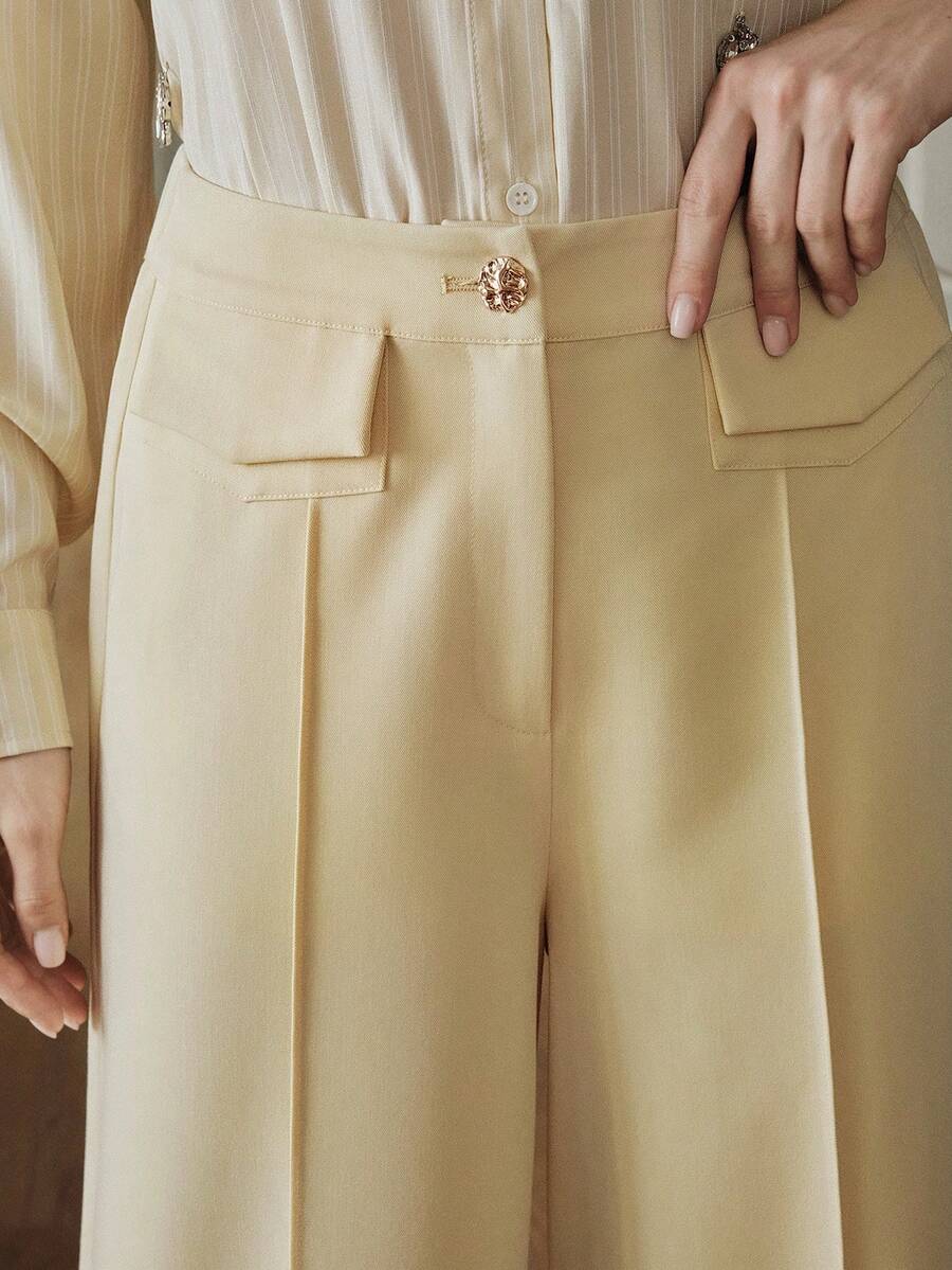 Anewsta New Modern Casual Light Yellow Patch Pocket Wide Leg Elegant Office Commute Versatile Women Suit Pants - Light Yellow - View 1