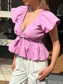 Livesso Summer Beach Party Holiday, Pink Puff Sleeve Deep V-Neck Tie Waist Cotton Women Top - Pink - View 3