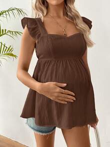 SHEIN Maternity Solid Color Square Neck Cap Sleeve Ruffle Textured Shirt - Coffee Brown - View 4