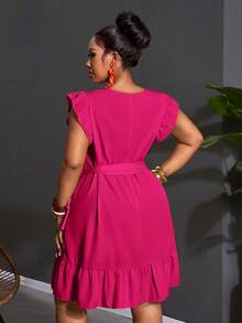 Slaydiva Vestido casual de talla grande con volantes en el bajo y unicolor - Rosa Fucsia - Ver 5