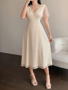 DAZY Knitting Patchwork Polka Dot Mesh Women's House Dress Pajama - Apricot - View 4