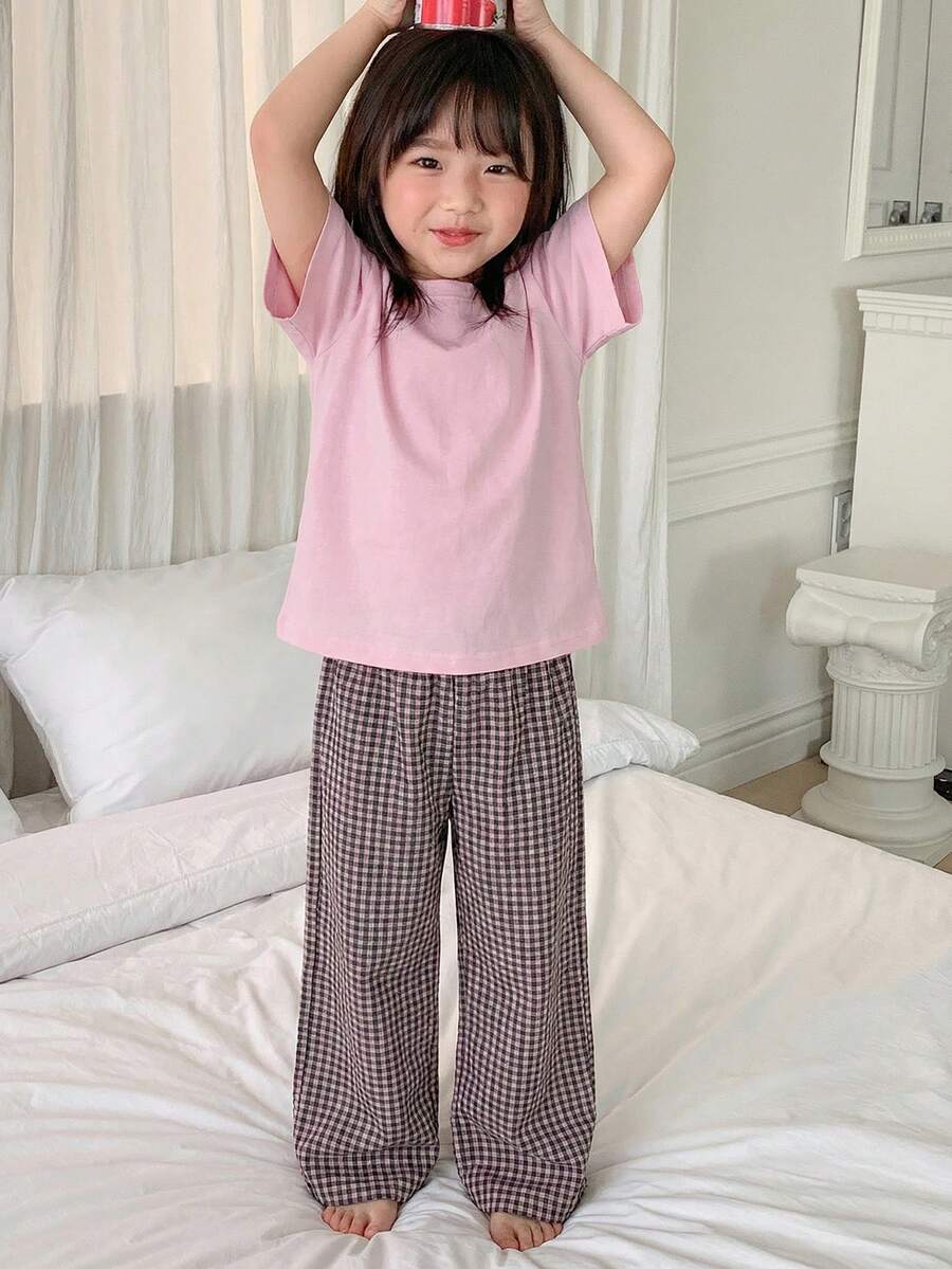 Dazy Kids 女童（小号）圆领针织短袖T恤+梭织格纹长裤家居服，春夏款 - 淺粉色 - 查看 1