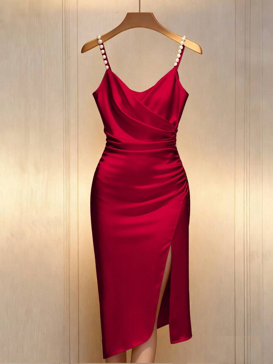 Franclia 优雅的法式浪漫香槟色交叉领收腰紧身连衣裙，饰有珍珠和开衩 - 紅色 - 查看 1
