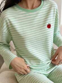 DAZY 2pcs Women Spring Striped Cute Apple Decor Loose Pajama Set, Fall Winter Clothes - Green - View 2