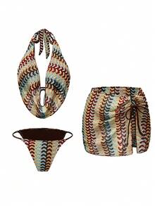 Bellisia Bộ đồ đi nghỉ mát mùa hè dành cho nữ, gồm áo cổ xếp ly bằng vải đặc biệt và chân váy buộc dây bên hông. - Nhiều màu - Xem 5