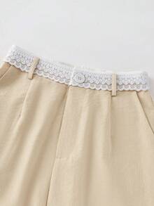 SHEIN Franclia Quần ống rộng màu vàng gừng tươi mát mùa hè - Quần ống suông cạp chun ren, cài một nút, dáng rộng thoải mái, kiểu dáng thời trang của các blogger, thích hợp mặc đi làm và đi nghỉ mát. - Màu be - Xem 4