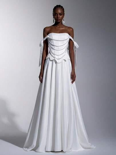 Elitara Elegant, Simple, Charming, Fashionable, Pure White, Luxurious Satin Fabric, Handmade Pearl Chain Embellishment, Off-The-Shoulder Bow Tie, Multiple Fishtail Embellishments, 2 In 1 Design, Full Train. Suitable For All Formal Occasions, Wedding Guests, Wedding Festivals, Wedding Parties, Portraits, And Wedding Dresses.