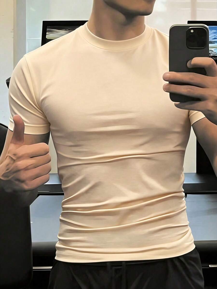 SHEIN Manfinity Dauomo 男士休闲纯色短袖T恤,夏季百搭 - 杏色 - 查看 1
