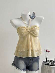 Sweetra Áo croptop không dây vai in họa tiết thời trang dành cho nữ - Màu vàng - Xem 4