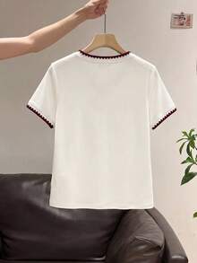 Resyla Áo thun nữ kiểu dáng thường ngày phối màu, viền ren, thích hợp cho mùa hè. - Màu be - Xem 2