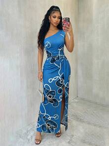 Eryvara Women's Elegant Off-Shoulder Cinched Waist Slit Digital Print Dress, European And American Style - Blue - View 4