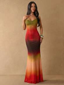 SHEIN BAE Gradient Rainbow Ombre Mesh Print Backless Bohemian Style Dress, Graduation Dress, Extra Long Beach Vacation Ombre Mesh Dress,Summer Dresses For Women - Multicolor - View 4